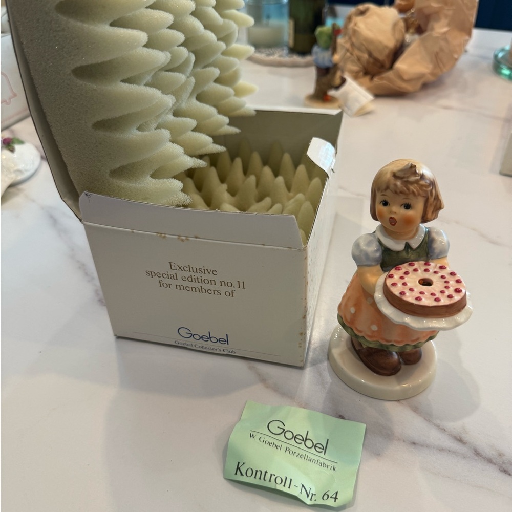 Goebel Figurine with Polka Dot Cake - Cream and Brown